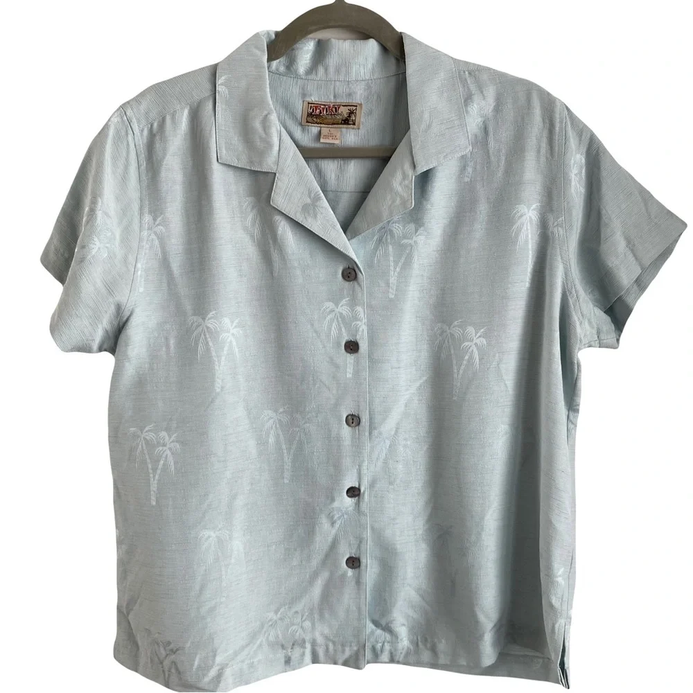 Tiki Classics Silk Palm Tree Tropical Hawaiian Polo Button Front T-Shirt Large - Picture 2 of 5